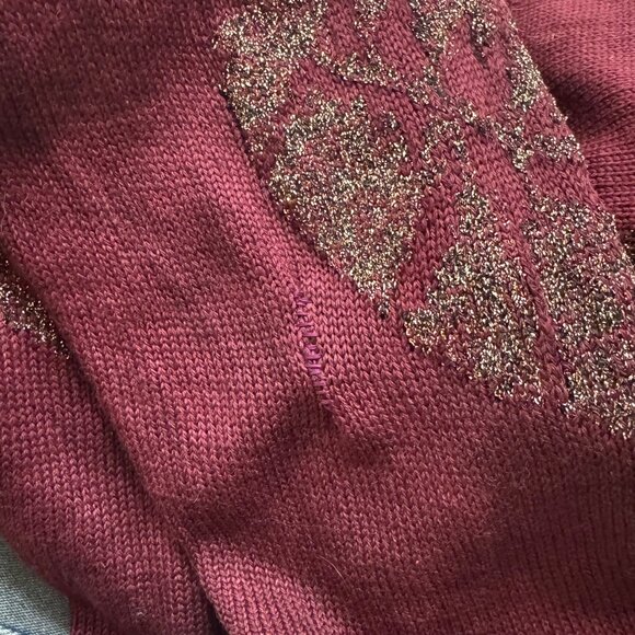 ✨RARE✨ 100% Wool Vintage Balloon Sleeve Tunic Wine Sweater with Gold Leaves - Picture 9 of 9